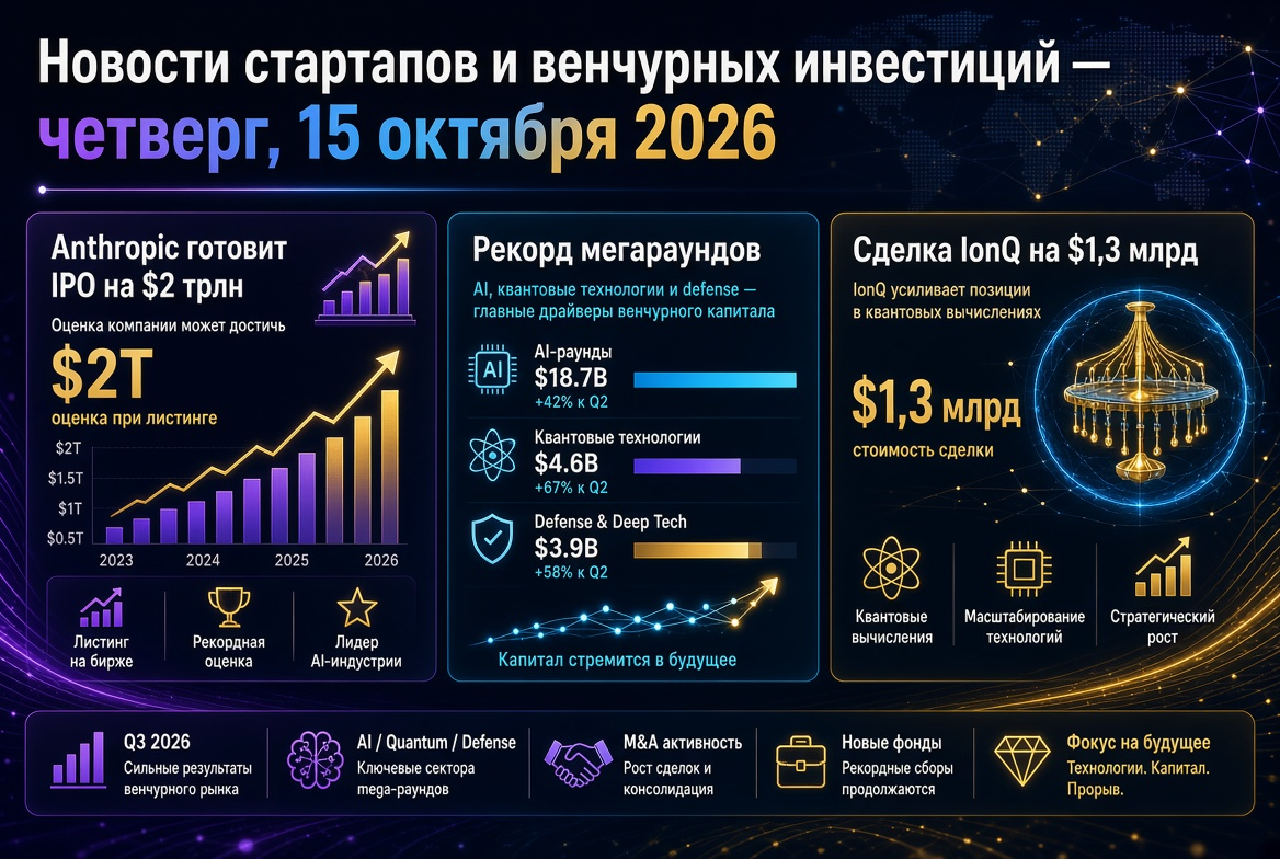 Νέα startup και επιχειρηματικές επενδύσεις — Πέμπτη, 15 Οκτωβρίου 2026: Η Anthropic προετοιμάζει IPO στα 2 τρισεκατομμύρια δολάρια, ρεκόρ mega γύρων και συμφωνία IonQ στα 1,3 δισεκατομμύρια δολάρια.