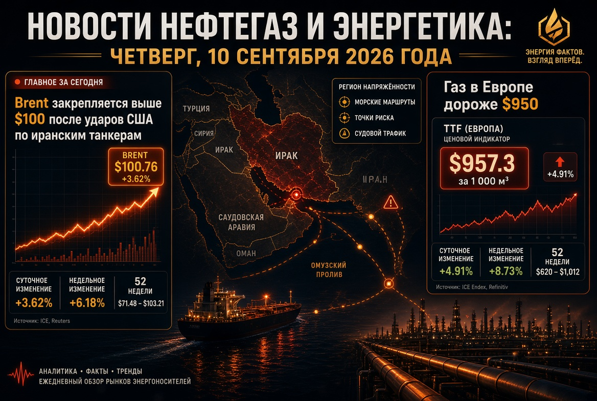 Νέα πετρελαίου και ενέργειας: Πέμπτη, 10 Σεπτεμβρίου 2026 - Brent εδραιώνεται πάνω από 100 δολάρια μετά τις επιθέσεις των ΗΠΑ σε ιρανικά τάνκερ, αέριο στην Ευρώπη πιο ακριβό από 950 δολάρια