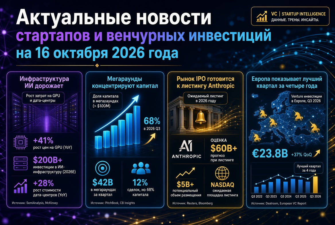 Επίκαιρες ειδήσεις για startups και επιχειρηματικές επενδύσεις στις 16 Οκτωβρίου 2026: η υποδομή AI ακριβύνει, οι mega rounds συγκεντρώνουν κεφάλαιο, η αγορά IPO ετοιμάζεται για την εισαγωγή της Anthropic, ενώ η Ευρώπη δείχνει τον καλύτερο τρίμηνο των τεσ