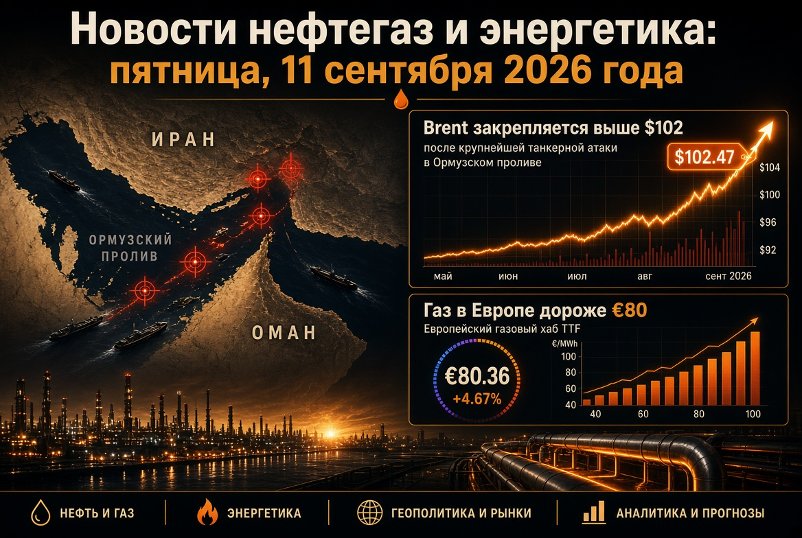 Νέα πετρελαίου και ενέργειας: Παρασκευή, 11 Σεπτεμβρίου 2026 — Το Brent σταθεροποιείται πάνω από $102 μετά την μεγαλύτερη επίθεση σε τάνκερ στη στενότητα του Χορμούζ, το αέριο στην Ευρώπη ακριβότερο από €80