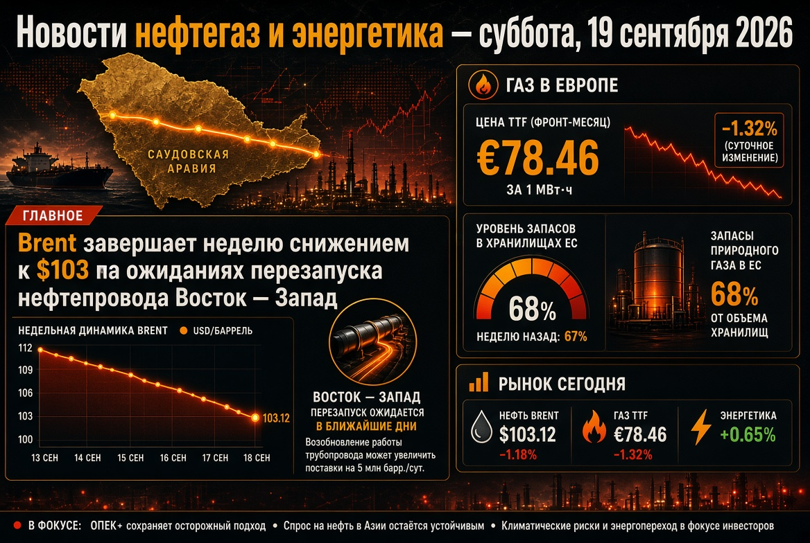 Νέα πετρελαίου και ενέργειας — Σάββατο, 19 Σεπτεμβρίου 2026: Το Brent ολοκληρώνει την εβδομάδα με πτώση στα $103 λόγω προσδοκιών για επαναλειτουργία του αγωγού Ανατολής - Δύσης, το αέριο στην Ευρώπη γύρω από €78 με αποθέματα 68%.