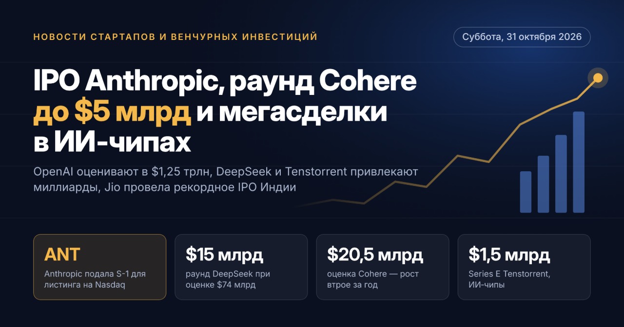 Ειδήσεις startups και κεφαλαίων επιχειρηματικών συμμετοχών — Σάββατο, 31 Οκτωβρίου 2026: IPO Anthropic, γύρος Cohere έως $5 δισ. και μεγασυμφωνίες στα AI chips