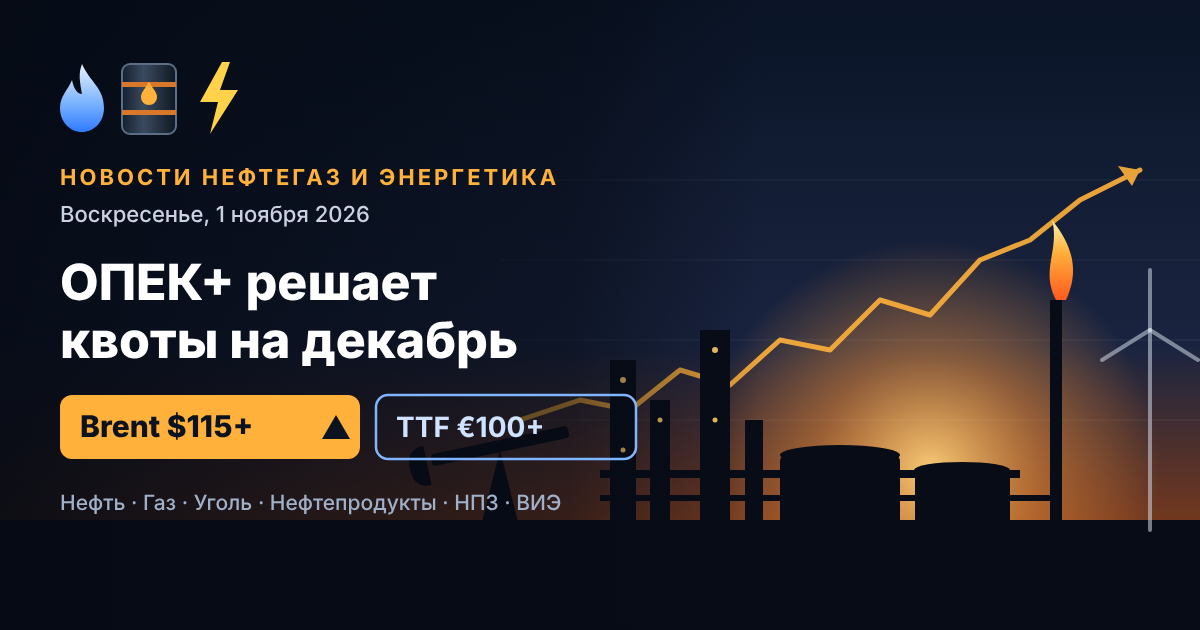 Ειδήσεις πετρελαίου, φυσικού αερίου και ενέργειας — Κυριακή, 1 Νοεμβρίου 2026: Ο ΟΠΕΚ+ καθορίζει τις ποσοστώσεις για τον Δεκέμβριο, το Brent πάνω από $115 μετά τις επιθέσεις σε διυλιστήρια της Σαουδικής Αραβίας