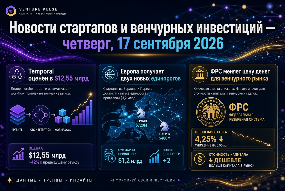 Νέα για τις startups και τις επιχειρηματικές επενδύσεις — Πέμπτη, 17 Σεπτεμβρίου 2026: Η Temporal εκτιμάται σε 12,55 δισεκατομμύρια δολάρια, η Ευρώπη αποκτά δύο νέους μονόκερους και η Ομοσπονδιακή Τράπεζα αλλάζει την τιμή χρήματος για την αγορά επιχειρημα