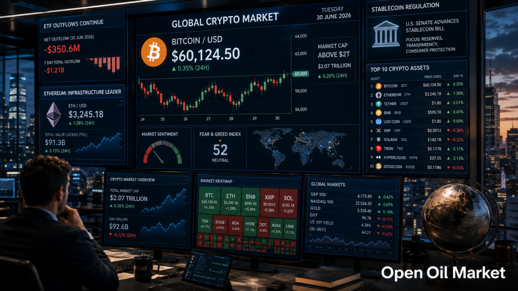 Η αγορά κρυπτονομισμάτων 30 Ιουνίου 2026: Ethereum, Solana, XRP, BNB, USDT, USDC και εκροές ETF