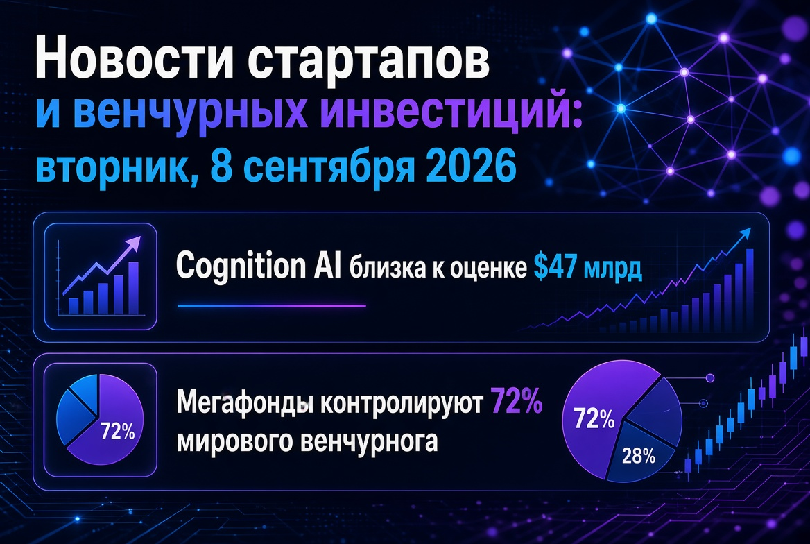 Ειδήσεις από startups και επιχειρηματικές επενδύσεις: Τρίτη, 8 Σεπτεμβρίου 2026 — Η Cognition AI πλησιάζει την αποτίμηση των 47 δισεκατομμυρίων δολαρίων, ενώ τα mega funds ελέγχουν το 72% της παγκόσμιας αγοράς επιχειρηματικού κεφαλαίου.