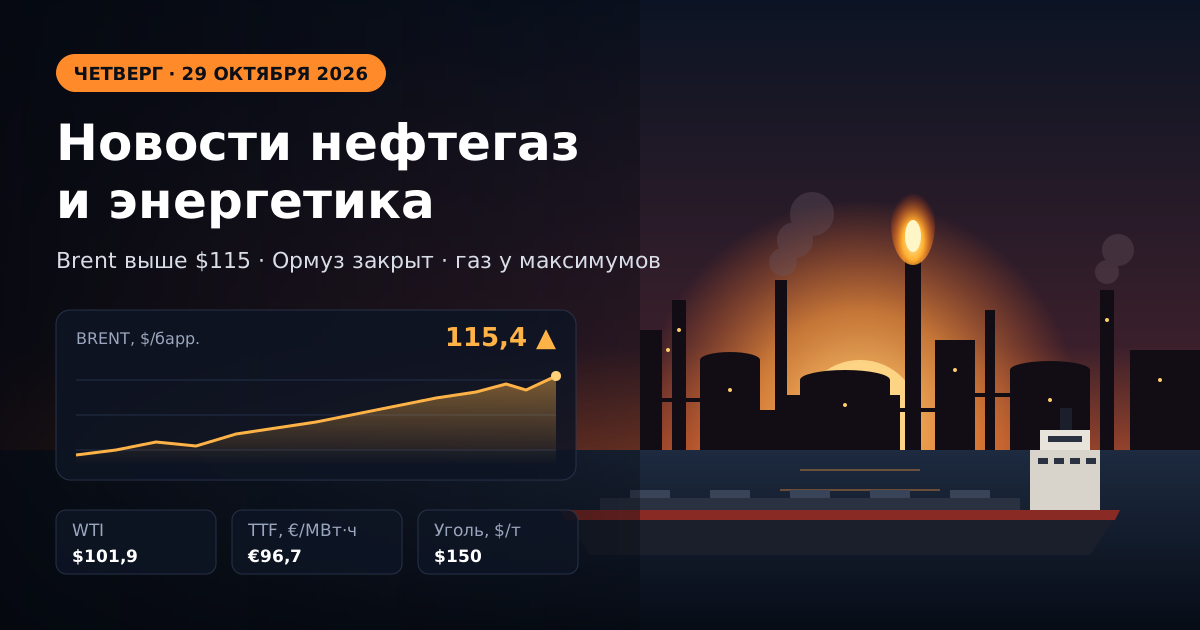 Ειδήσεις πετρελαίου, φυσικού αερίου και ενέργειας — Πέμπτη, 29 Οκτωβρίου 2026: Brent πάνω από $115 μετά το χτύπημα των Χούθι στη Ρας Τανούρα, φυσικό αέριο στην Ευρώπη στα υψηλά από το 2022