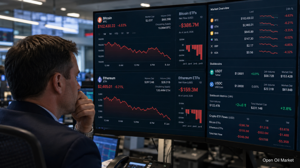 Αγορά κρυπτονομισμάτων 8 Ιουνίου 2026: Bitcoin υπό πίεση, Ethereum υποχωρεί, stablecoins ενισχύουν θέσεις