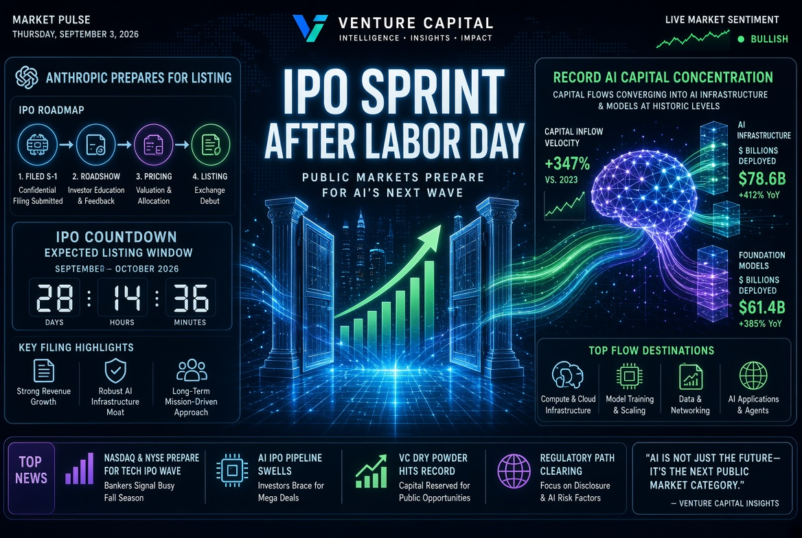 Νέα από το χώρο των startups και των venture capital — Πέμπτη, 3 Σεπτεμβρίου 2026: IPO sprint μετά την Εργατική Ημέρα, προετοιμασία της Anthropic για εισαγωγή και ιστορική συγκέντρωση AI κεφαλαίου