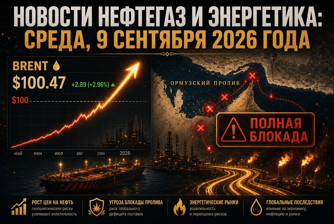 Νέα πετρελαίου και αερίου: Τετάρτη, 9 Σεπτεμβρίου 2026 — Η Brent πλησιάζει τα $100 εν μέσω απειλής πλήρους αποκλεισμού του Στενού του Χορμούζ