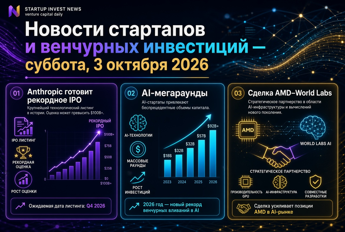 Νέα από startups και επενδύσεις — Σάββατο, 3 Οκτωβρίου 2026: Η Anthropic προετοιμάζει ρεκόρ IPO, οι AI mega rounds και η συμφωνία AMD–World Labs