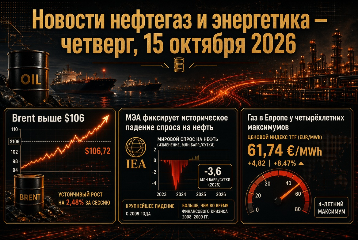 Νέα πετρελαίου και αερίου — Πέμπτη, 15 Οκτωβρίου 2026: Brent πάνω από 106 δολάρια, ο IEA καταγράφει ιστορική πτώση ζήτησης για πετρέλαιο, το αέριο στην Ευρώπη σε τετραετή ύψη.
