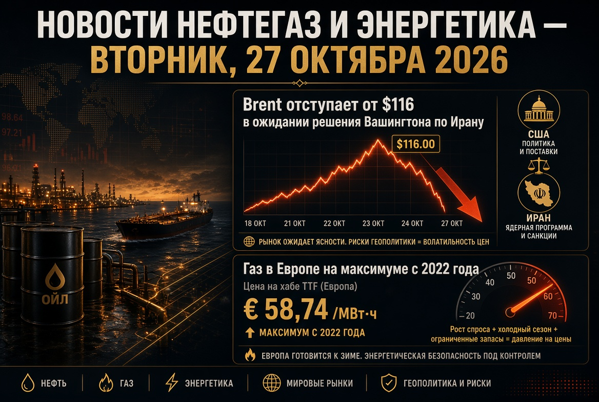 Νέα από το πετρέλαιο και την ενέργεια — Τρίτη, 27 Οκτωβρίου 2026: Brent υποχωρεί από $116 περιμένοντας την απόφαση της Ουάσινγκτον για το Ιράν, αέριο στην Ευρώπη σε μέγιστο από το 2022