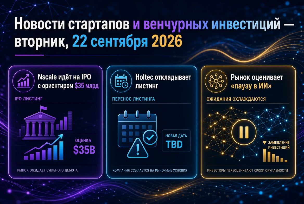 Νέα από startups και venture investments — Τρίτη, 22 Σεπτεμβρίου 2026: Nscale πηγαίνει στο IPO με κατεύθυνση 35 δισεκατομμύρια δολάρια, Holtec αναβάλει την καταχώρηση, η αγορά εκτιμά την "παύση στην τεχνητή νοημοσύνη".