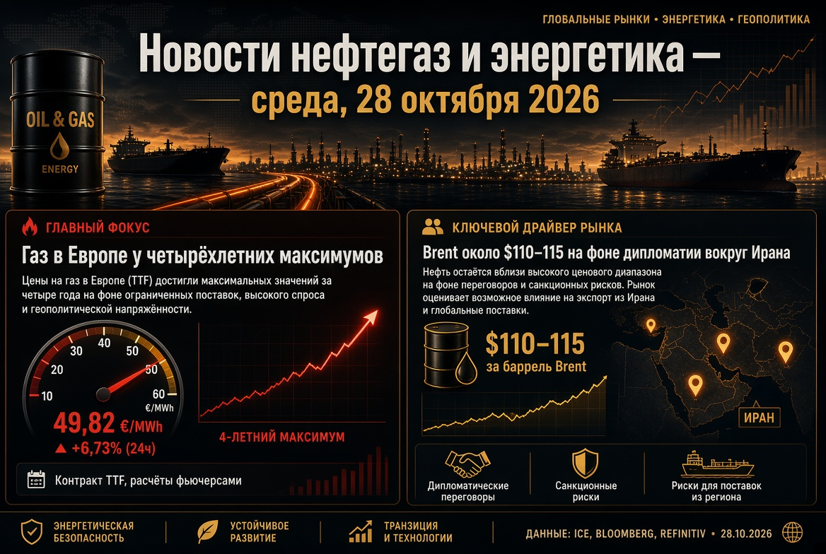 Νέα πετρελαίου και ενέργειας — Τετάρτη, 28 Οκτωβρίου 2026: αέριο στην Ευρώπη σε τετραετή υψηλά, Brent γύρω από 110-115 στο πλαίσιο της διπλωματίας γύρω από το Ιράν.