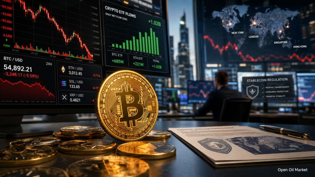 Η αγορά κρυπτονομισμάτων 9 Ιουλίου 2026: Bitcoin υπό πίεση, ροές σε ETF, Ethereum, Solana, XRP και ρύθμιση των stablecoins