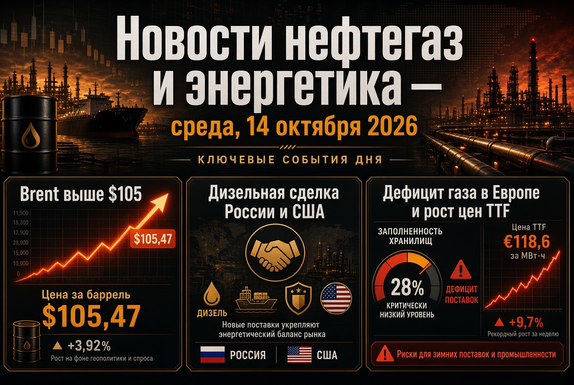 Ειδήσεις από τον τομέα του πετρελαίου και της ενέργειας – Τετάρτη, 14 Οκτωβρίου 2026: Brent πάνω από 105 δολάρια, συμφωνία ντίζελ Ρωσίας και ΗΠΑ, έλλειψη αερίου στην Ευρώπη.