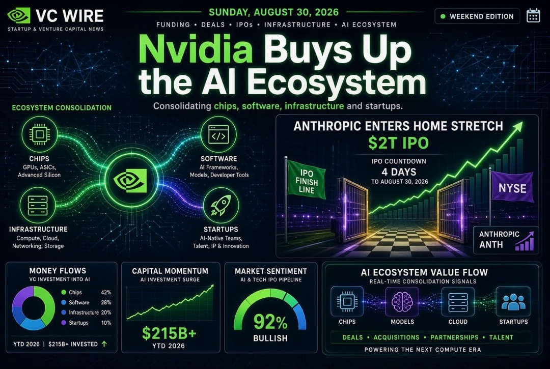 Ειδήσεις startups και venture capital - Κυριακή, 30 Αυγούστου 2026: Η Nvidia αποκτά το οικοσύστημα AI, η Anthropic στο τελικό στάδιο πριν από το IPO στα 2 τρισεκατομμύρια δολάρια