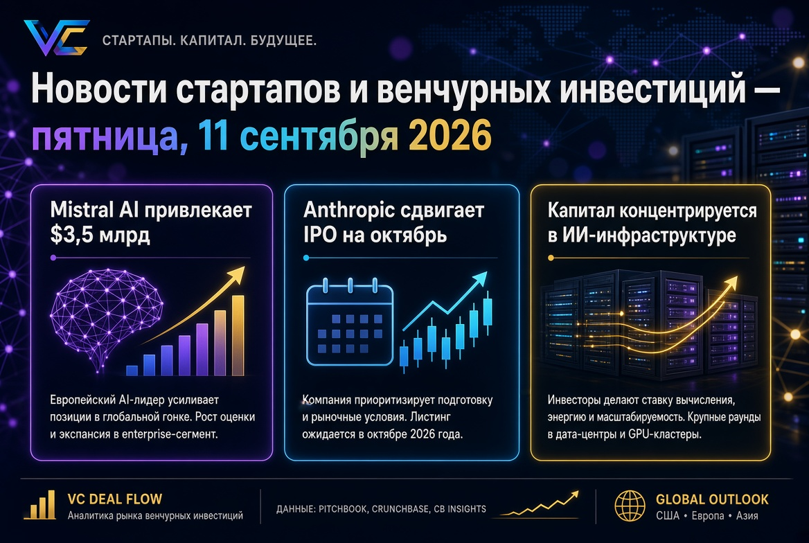Νέα για Startups και Επενδύσεις Κεφαλαίου Ρίσκου — Παρασκευή, 11 Σεπτεμβρίου 2026: Mistral AI συγκεντρώνει 3,5 δισ. δολάρια, η Anthropic αναβάλλει την IPO για τον Οκτώβριο, ενώ το κεφάλαιο συγκεντρώνεται στην υποδομή ΤΝ.