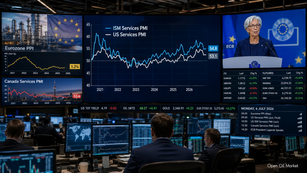 Οικονομικό ημερολόγιο για 6 Ιουλίου 2026: ISM Services PMI ΗΠΑ, PPI ζώνης του ευρώ, PMI Καναδά, ομιλία της προεδρεύουσας της ΕΚΤ Κριστίν Λαγκάρντ και αντίδραση των επενδυτών