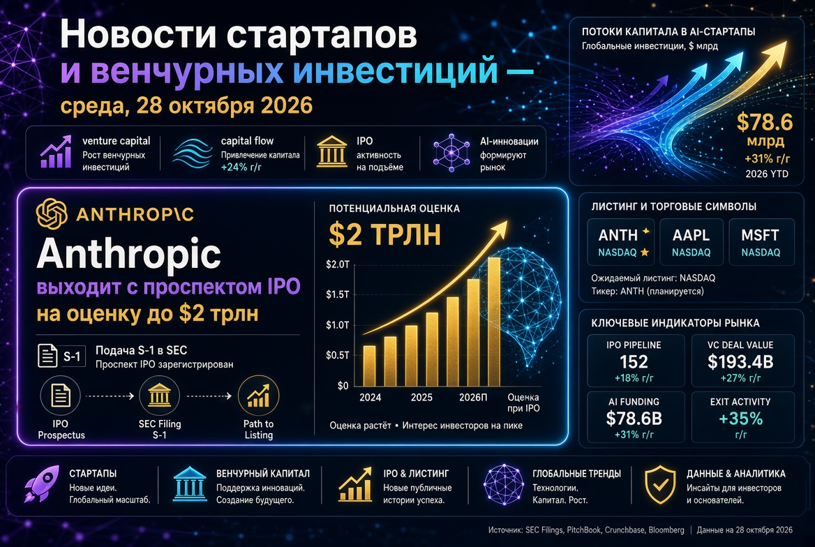 Νέα για startups και επενδύσεις μεγάλων κεφαλαίων — Τετάρτη, 28 Οκτωβρίου 2026: Η Anthropic εισάγει τον προγραμματισμό IPO με αξιολόγηση έως 2 τρισεκατομμύρια δολάρια.