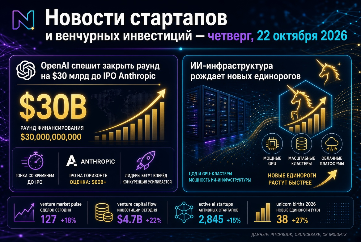 Ειδήσεις startups και επιχειρηματικών κεφαλαίων — Πέμπτη, 22 Οκτωβρίου 2026: Η OpenAI σπεύδει να κλείσει γύρο 30 δισεκατομμυρίων δολαρίων πριν το IPO της Anthropic, ενώ η υποδομή AI γεννά νέους μονόκερους.