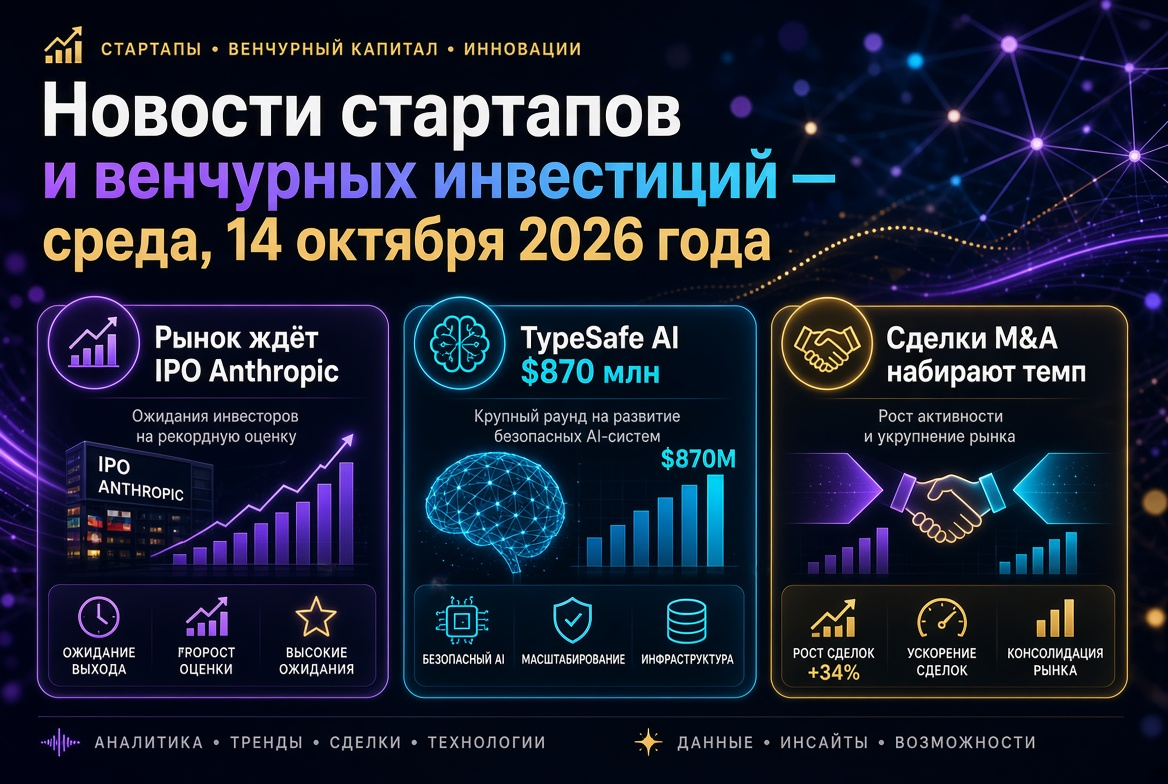 Ειδήσεις για startups και επιχειρηματικές επενδύσεις - Τετάρτη, 14 Οκτωβρίου 2026: η αγορά περιμένει την IPO της Anthropic, η TypeSafe AI προσελκύει 870 εκατ. δολάρια, οι συμφωνίες M&A κερδίζουν έδαφος