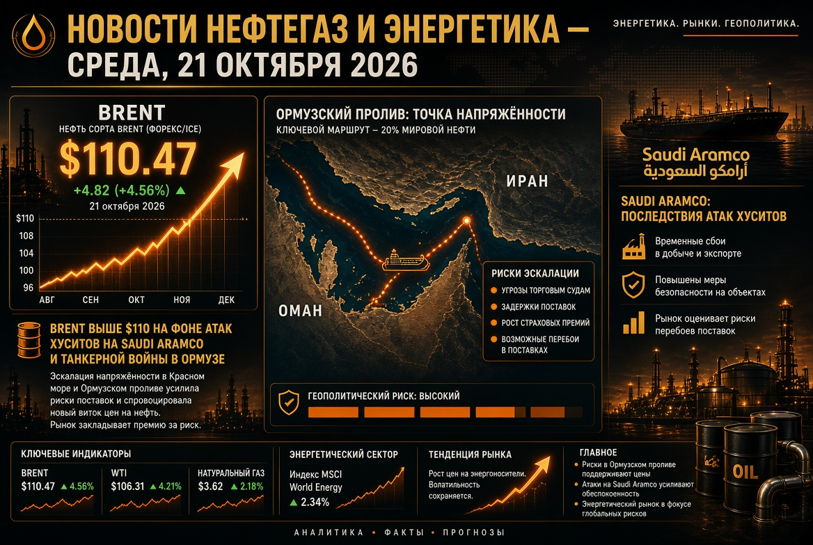 Νέα πετρελαίου και ενέργειας — Τετάρτη, 21 Οκτωβρίου 2026: Brent πάνω από 110$ λόγω επιθέσεων Χούθι στη Saudi Aramco και πολέμου τάνκερ στον Ορμούζ.