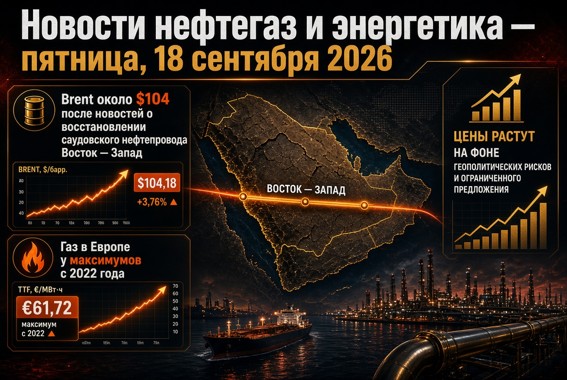 Νέα πετρελαίου και ενέργειας - Παρασκευή, 18 Σεπτεμβρίου 2026: Brent περίπου $104 μετά τις ειδήσεις για την αποκατάσταση του σαουδαραβικού αγωγού Ανατολή - Δύση, αέριο στην Ευρώπη κοντά σε μέγιστα επίπεδα από το 2022
